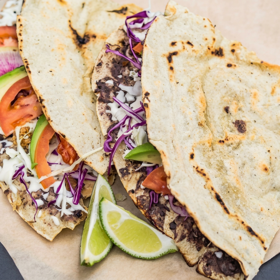 Three grilled tacos filled with black beans, avocado, tomato, cabbage, radish, and crema, served with lime wedges.