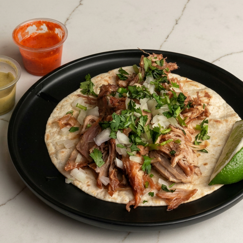Pulled pork taco topped with onion and cilantro on a black plate, served with lime and cups of green and red salsa.