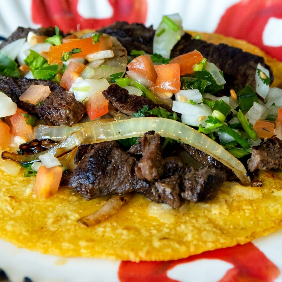 Crispy corn tortilla topped with grilled beef, sautéed onions, pico de gallo, and fresh herbs on a patterned plate.